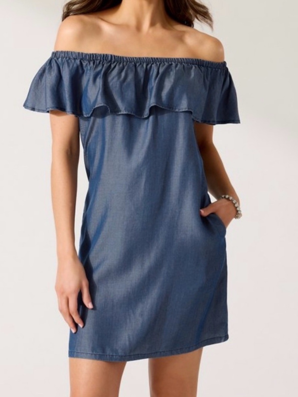 Tommy Bahama Tencel Lyocell Chambray Off Shoulder Ruffle Dress Small